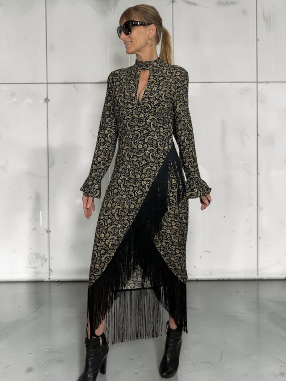 ZARA Limited Edition Fringe Midi Dress M Paisley Floral Bell Sleeve Sexy
